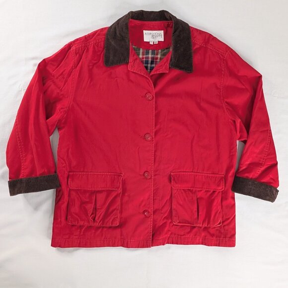 VTG Red Brown Corduroy Collar Cuff Sleeve Pocket Button Up Barn Coat Plaid Lined - Picture 1 of 8